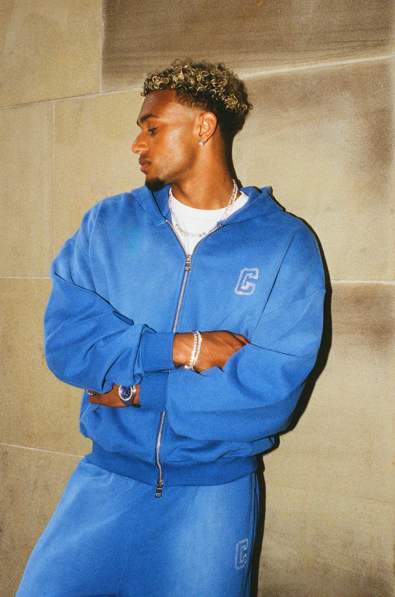 Washed Rhinestone C Zip Through Hoodie - Washed Blue